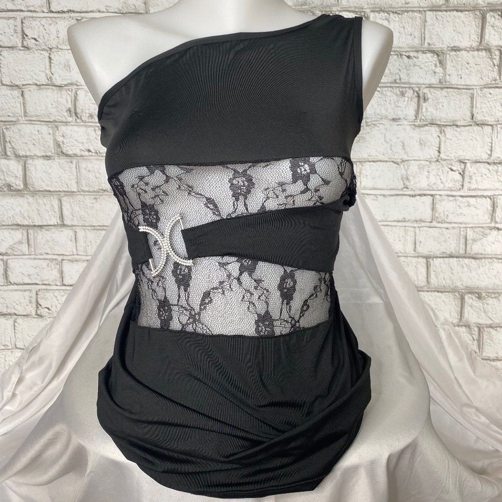 One Shoulder Black Mesh Top Size Medium